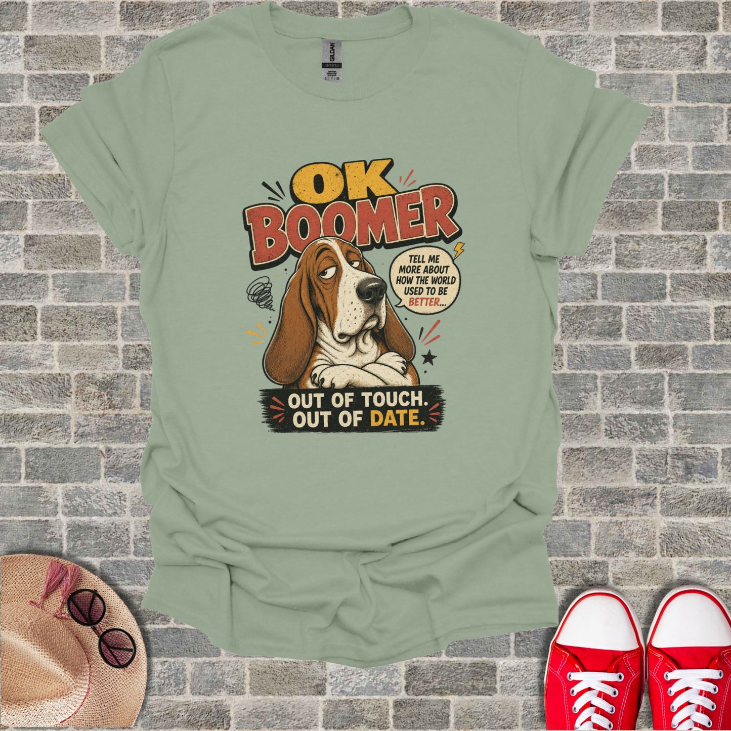 T-shirt with text "OK BOOMER OUT OF TOUCH. OUT OF DATE." and a cartoon dog.