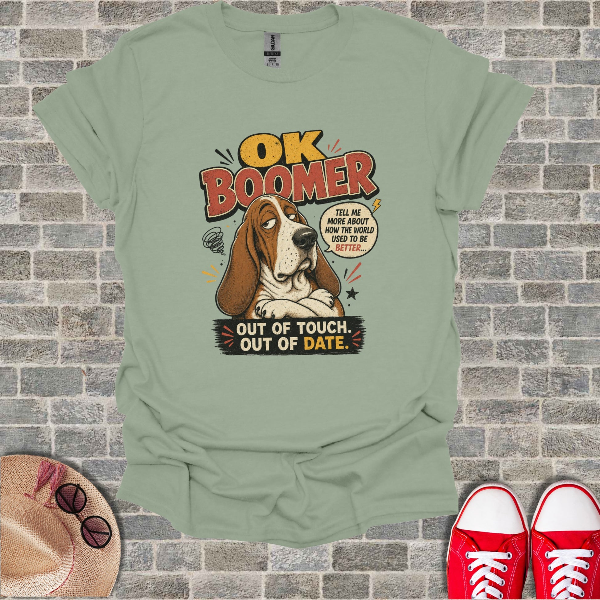 T-shirt with text "OK BOOMER OUT OF TOUCH. OUT OF DATE." and a cartoon dog.