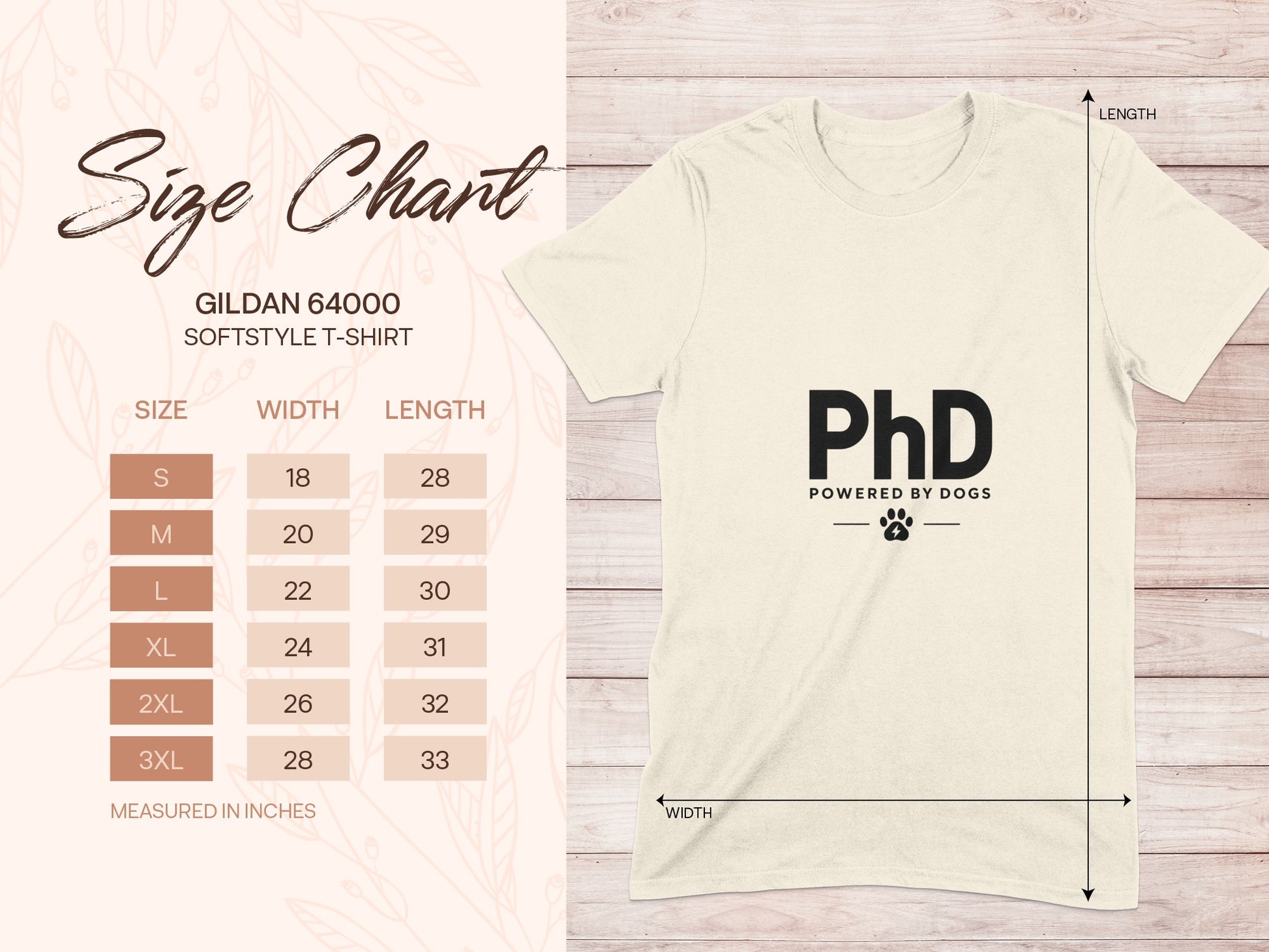 Gildan 64000 softstyle t-shirt size chart with PhD Powered by Dogs graphic.