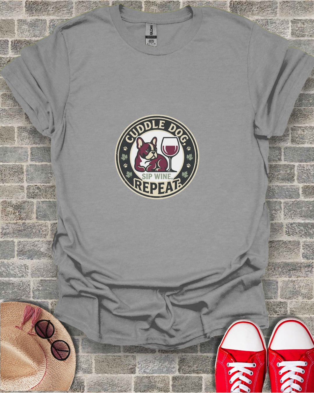 Cuddle Dog Sip Wine Repeat Graphic T-Shirt
