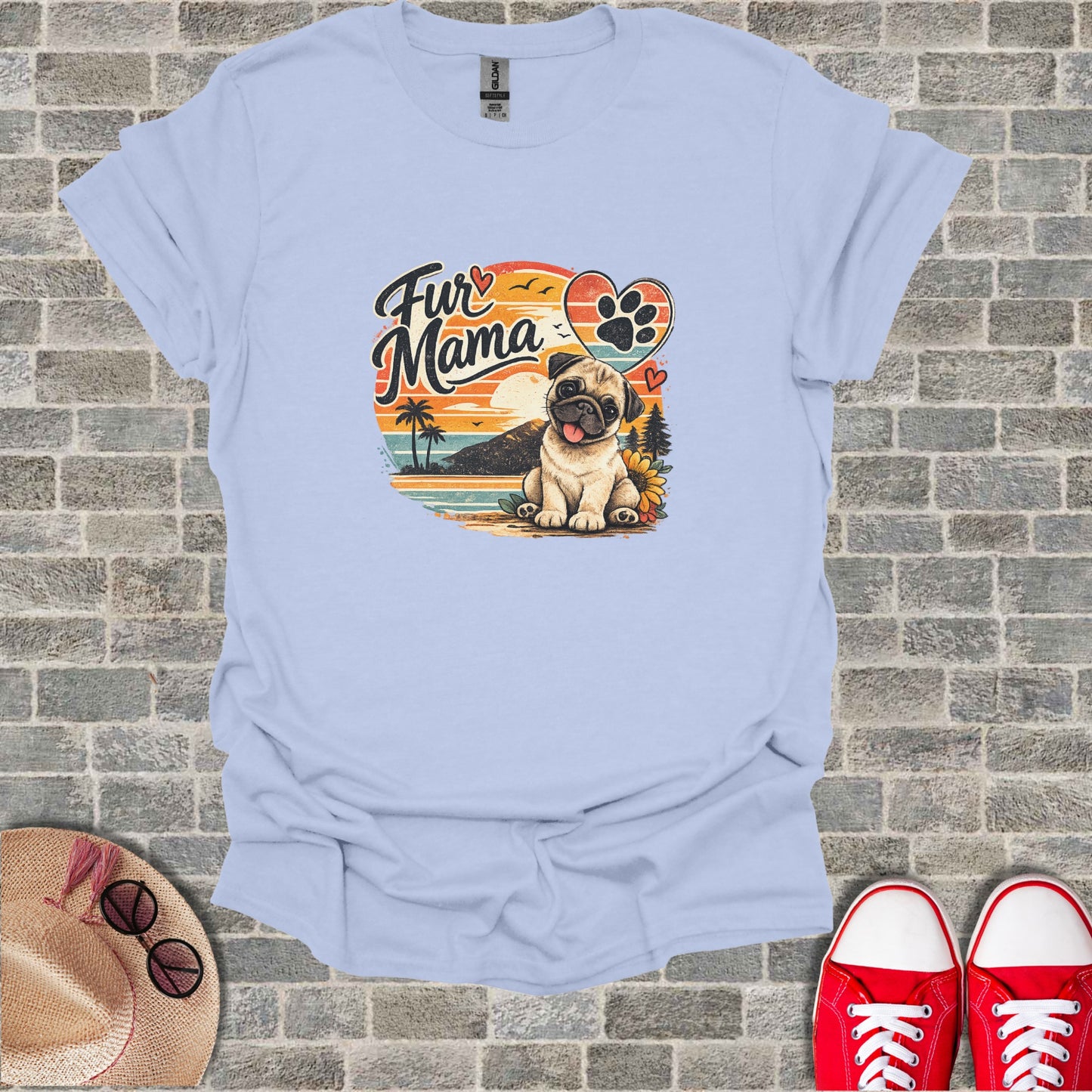 Fur Mama Pug Dog Retro Sunset Paw Print Heart product type