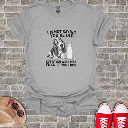 Grey t-shirt with a Basset Hound and text about milk.