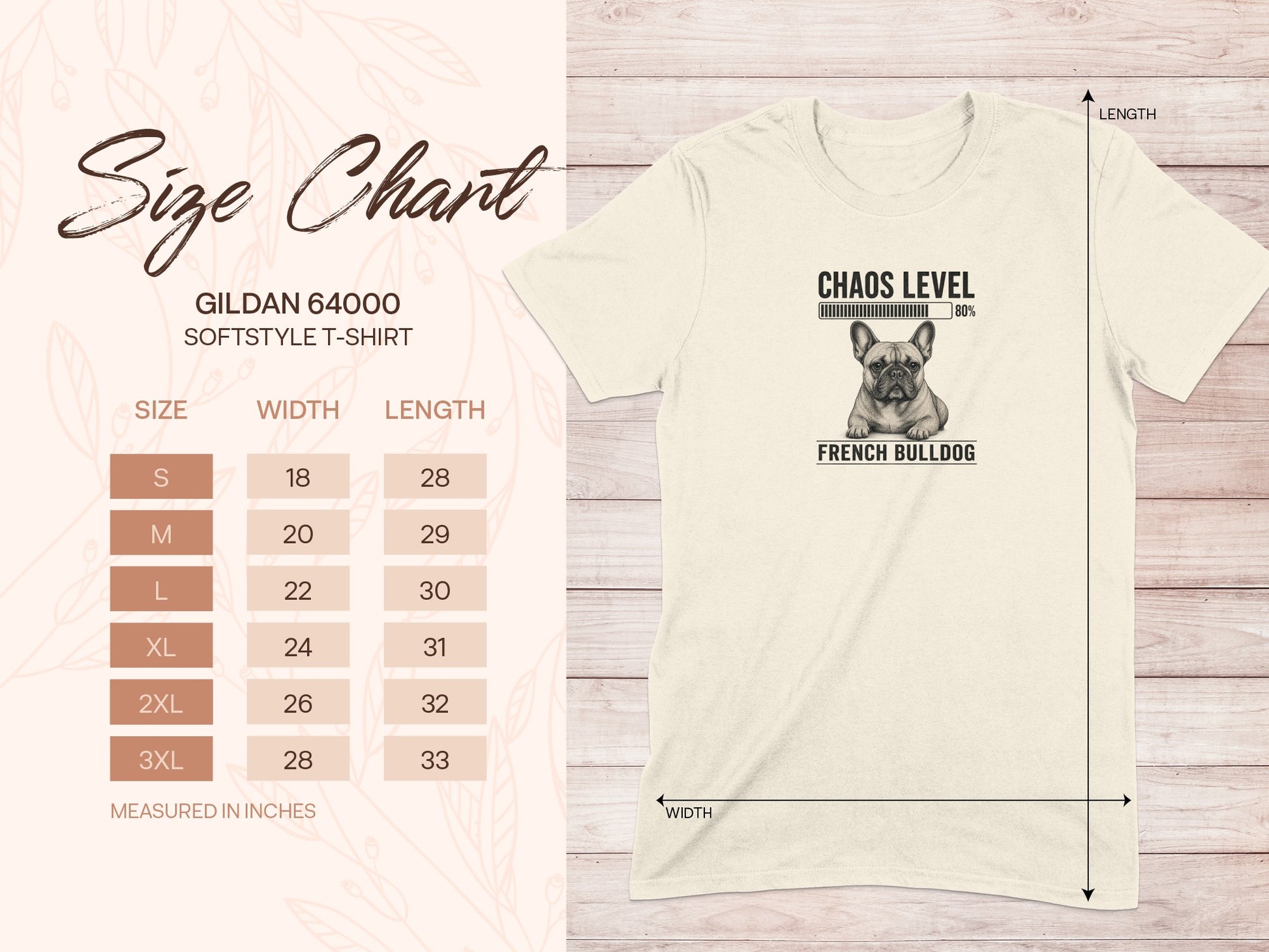 Gildan 64000 size chart with French bulldog graphic and measurements.