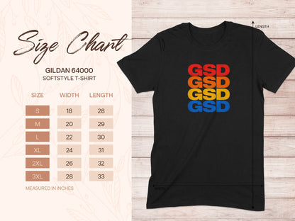 Gildan 64000 size chart for Softstyle T-shirt with GSD graphic.