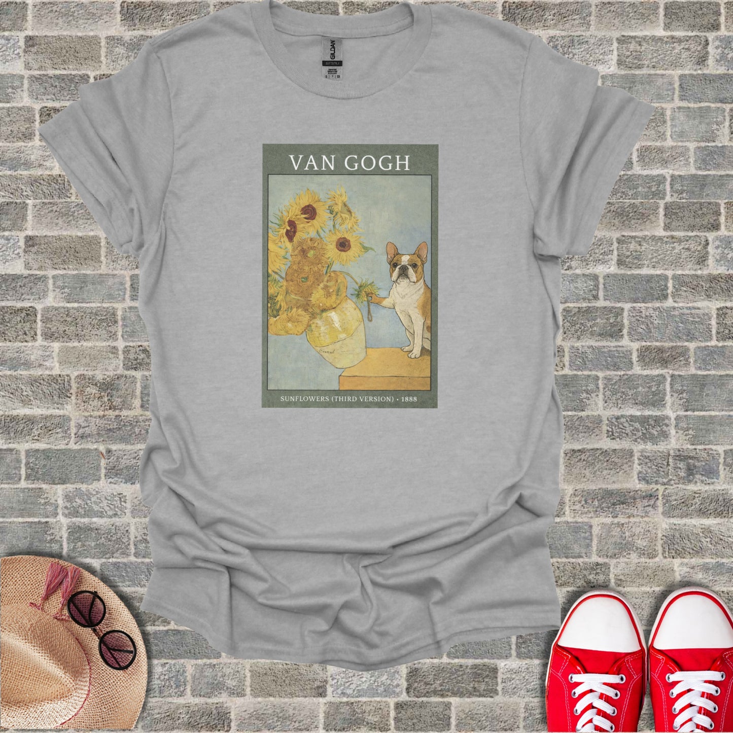 T-shirt featuring Van Gogh's Sunflowers with a French bulldog.