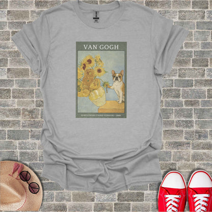 T-shirt featuring Van Gogh's Sunflowers with a French bulldog.