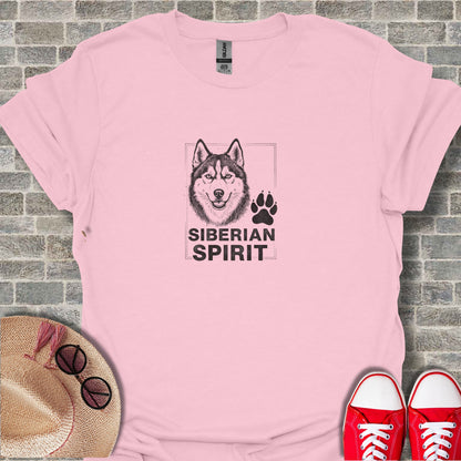 Pink t-shirt with "Siberian Spirit" text and husky dog illustration.