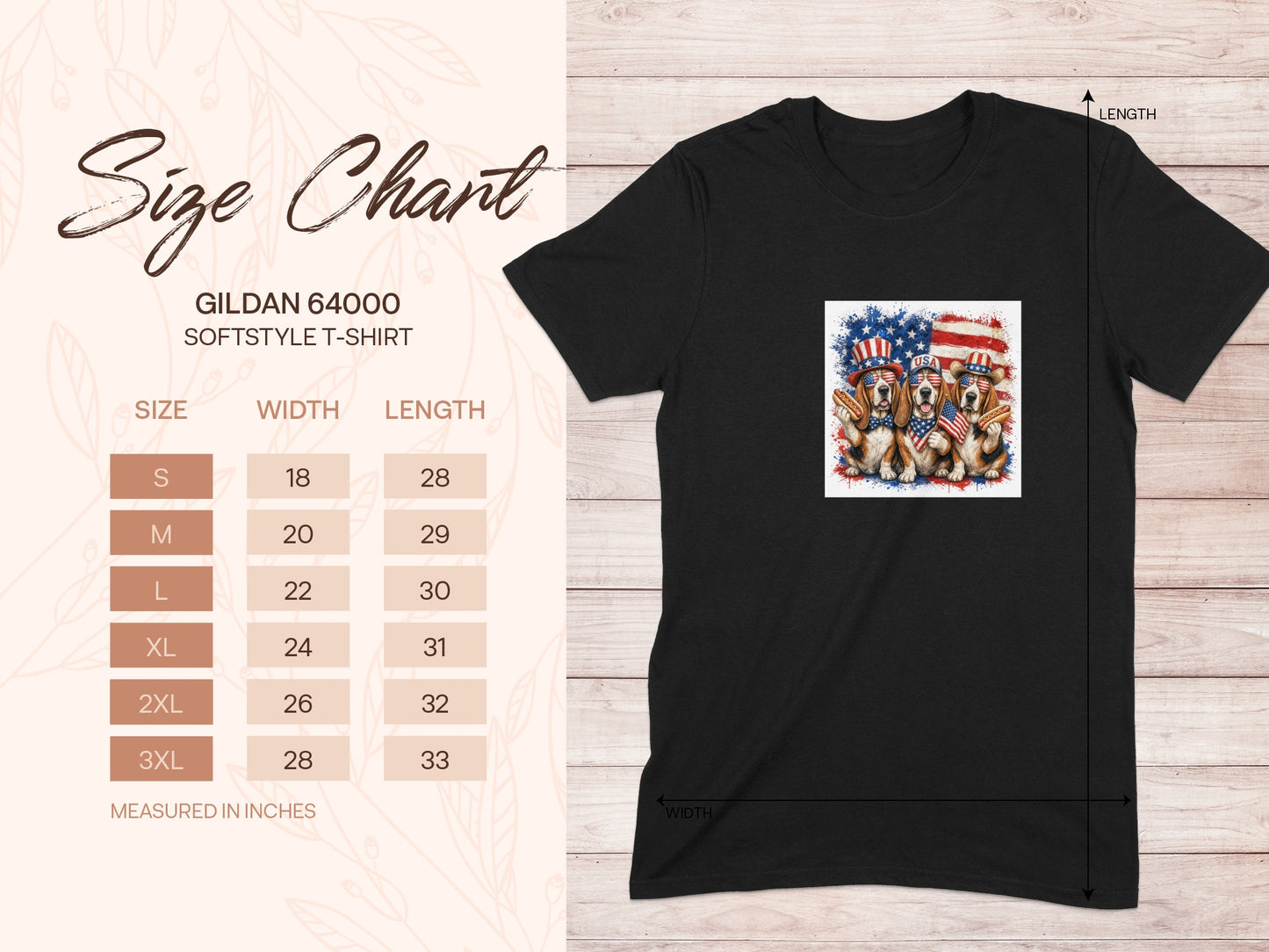 Gildan 64000 softstyle t-shirt size chart with patriotic dog graphic.