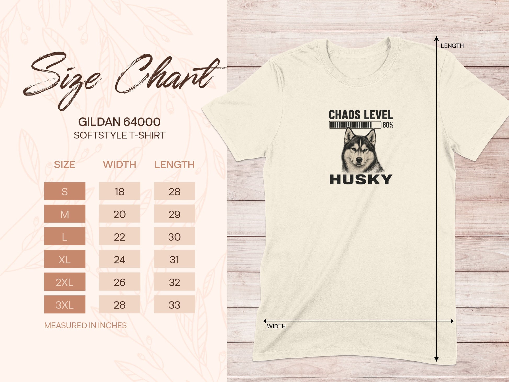 Gildan 64000 t-shirt size chart with "Husky 80% Chaos Level" graphic.