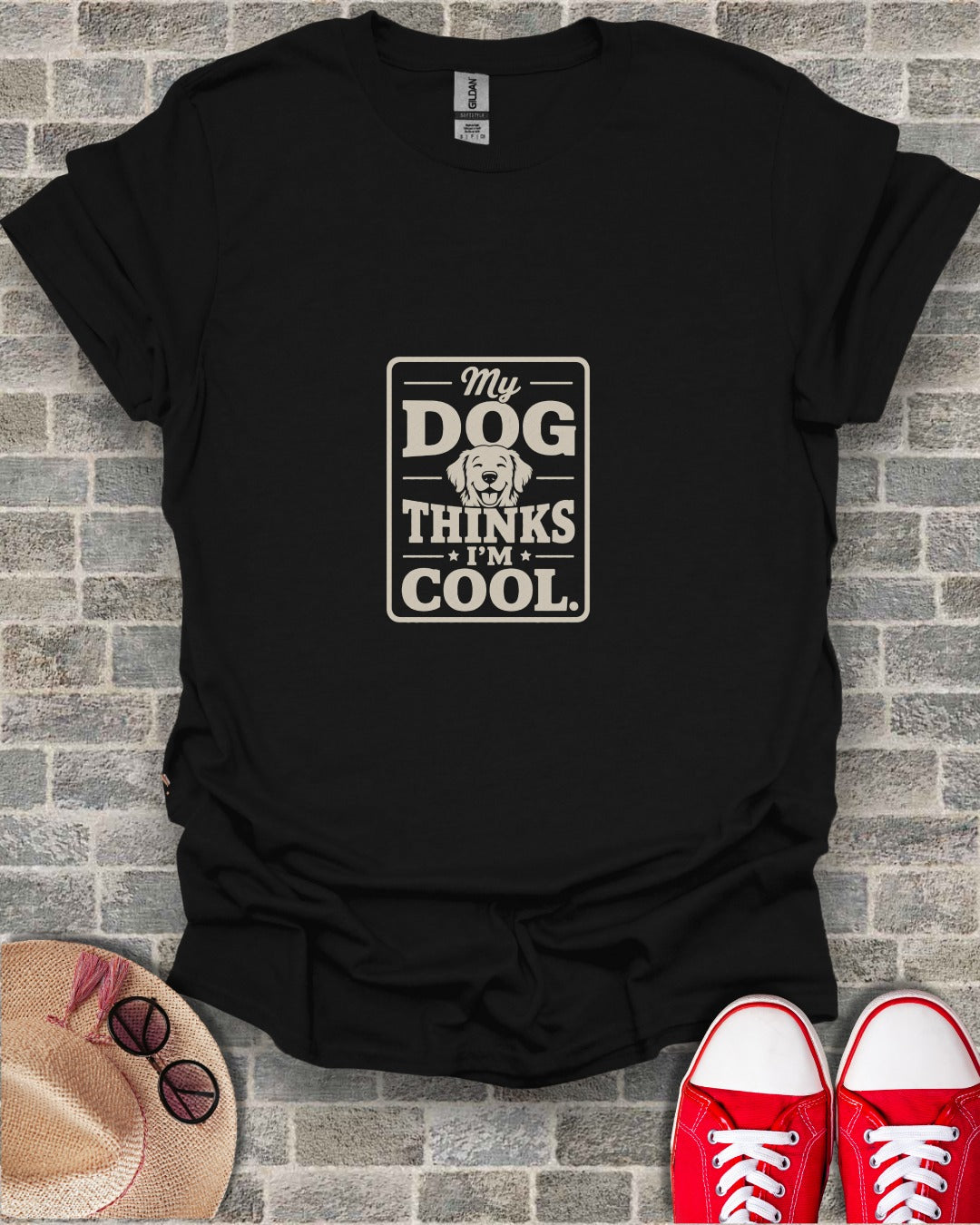 Black t-shirt with "My Dog Thinks I'm Cool" text and dog graphic.