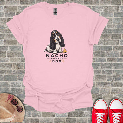 Pink t-shirt with a basset hound and "Nacho Average Dog" text.
