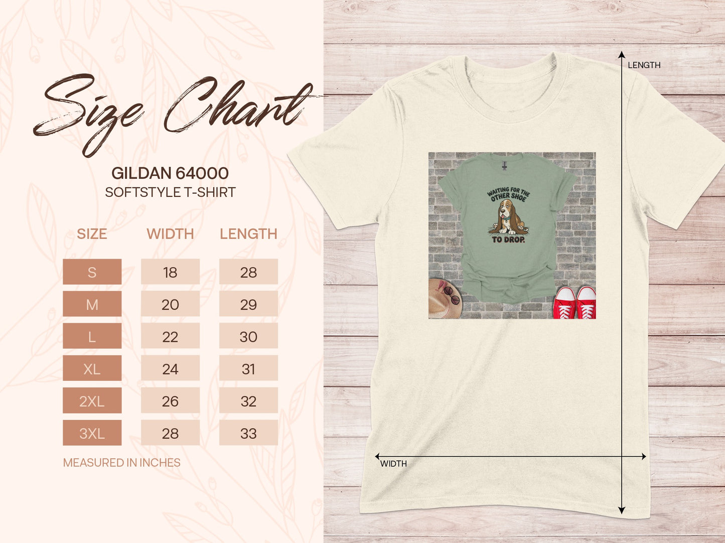 Gildan 64000 Softstyle T-shirt size chart with measurements.