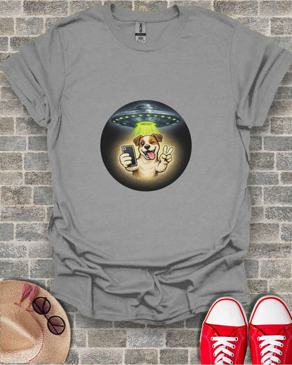 Alien Spaceship Dog Selfie Graphic Tee Shirt Product