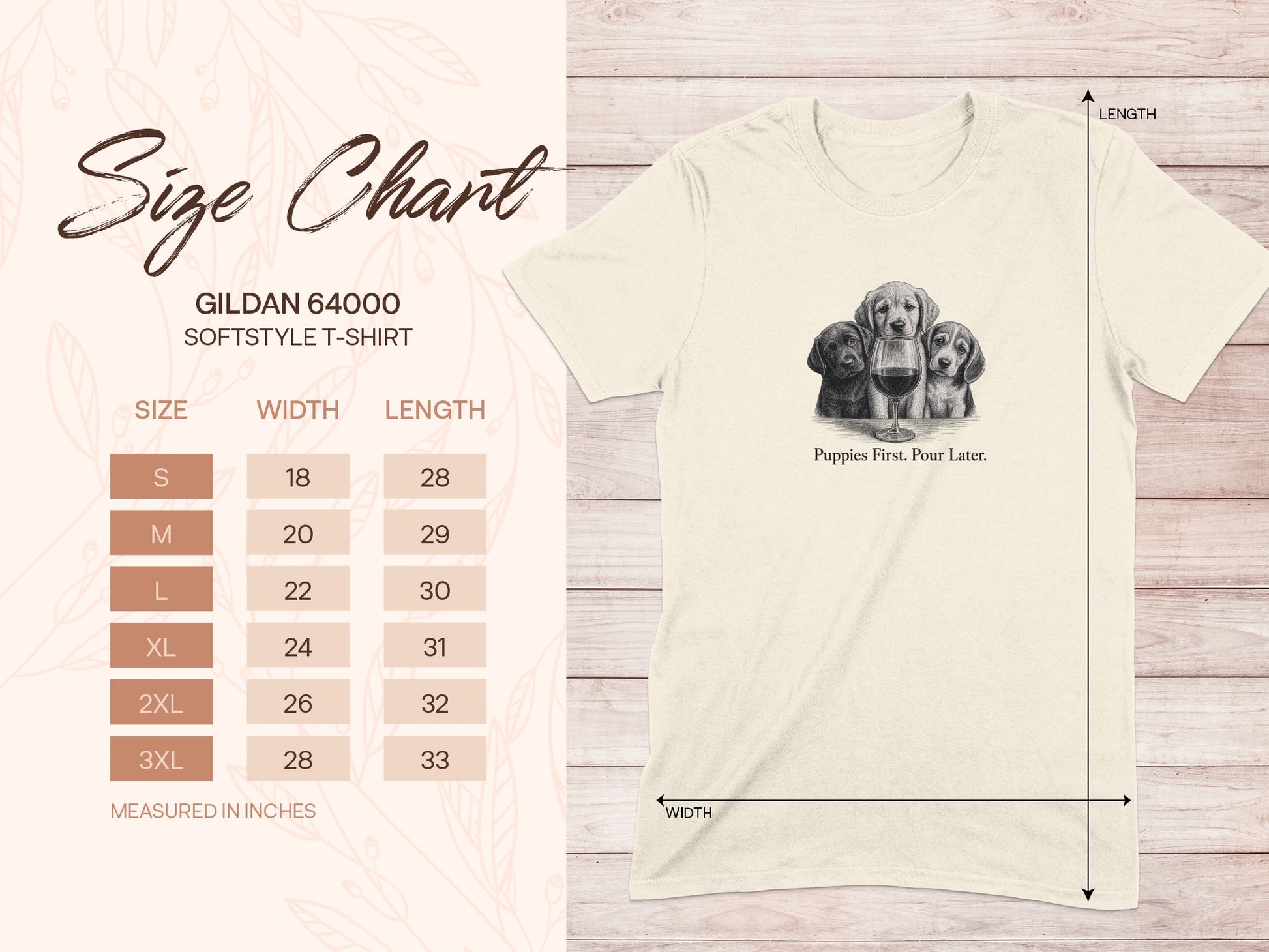 Size chart for Gildan 64000 Softstyle t-shirt with puppies graphic.