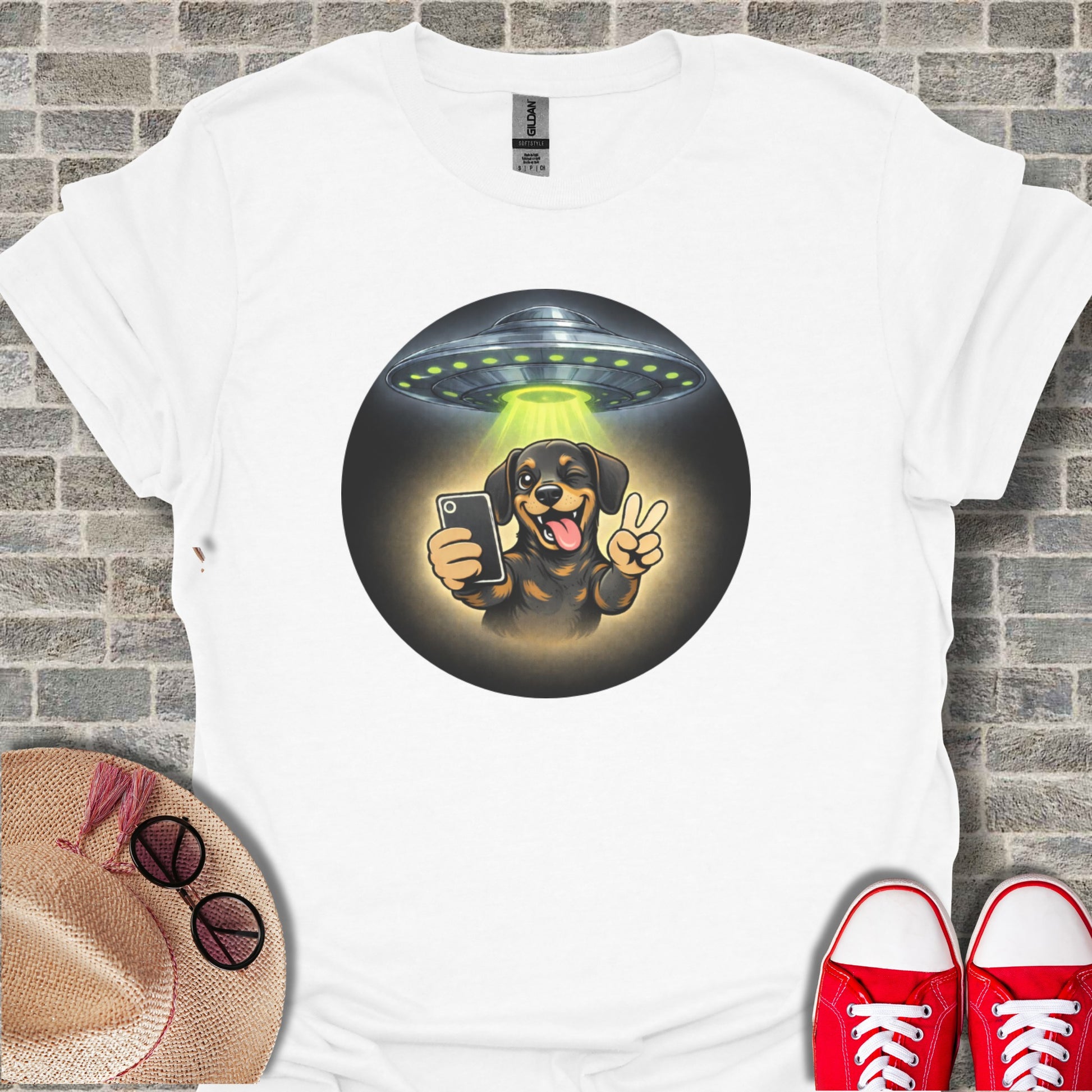 UFO Abduction Selfie Dog Peace Sign Graphic Tee