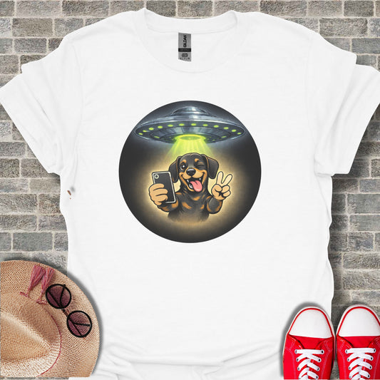 UFO Abduction Selfie Dog Peace Sign Graphic Tee