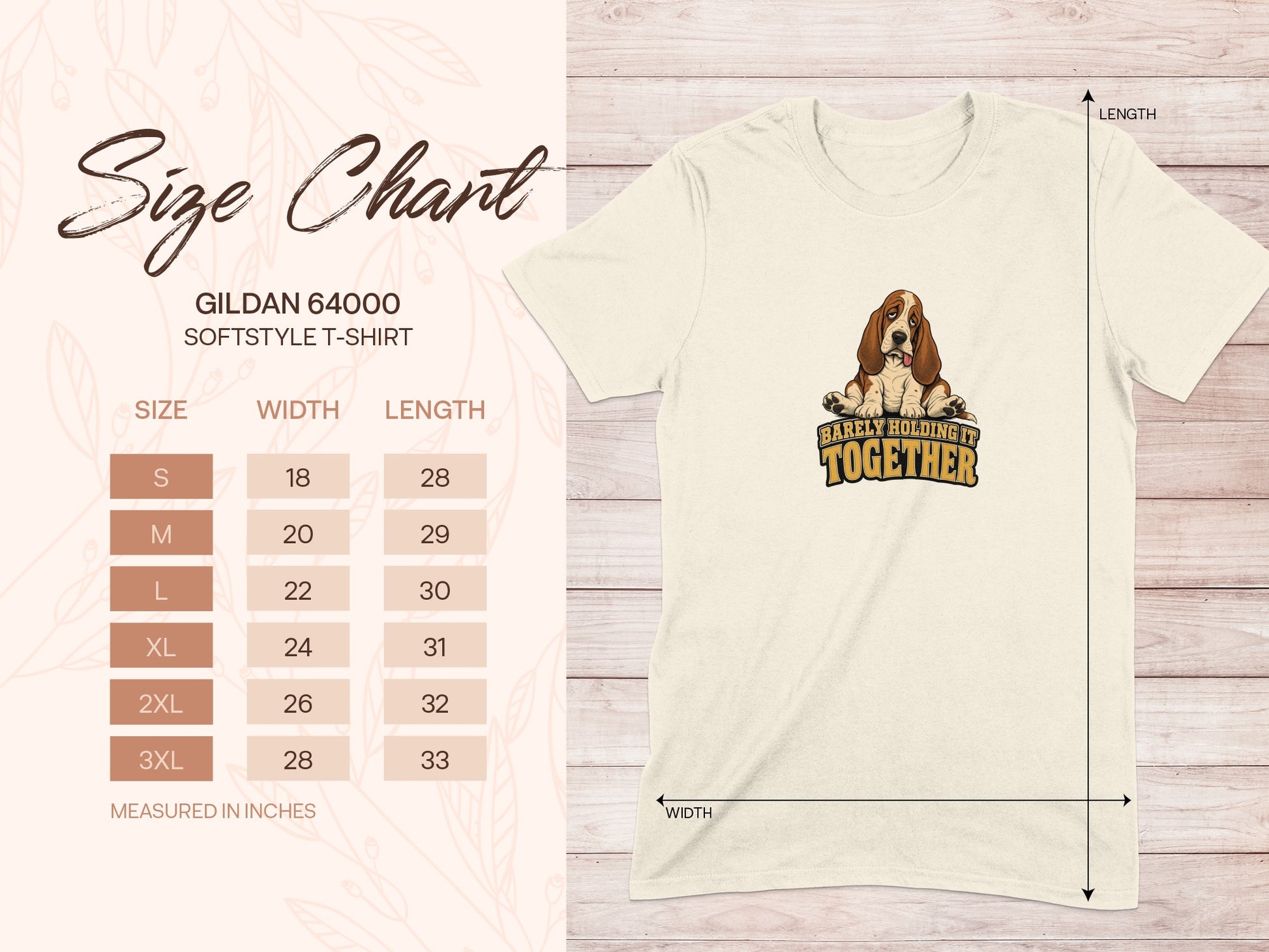 Gildan 64000 t-shirt size chart with dog graphic.