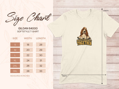 Gildan 64000 t-shirt size chart with dog graphic.