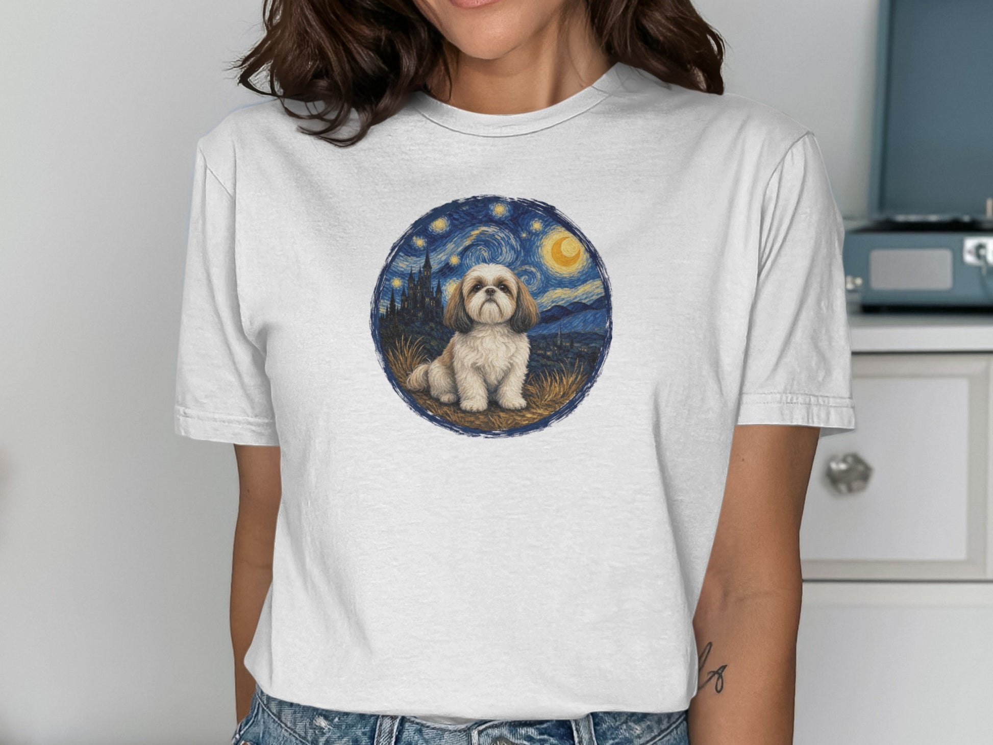 Shih Tzu in a starry night landscape on a white t-shirt.