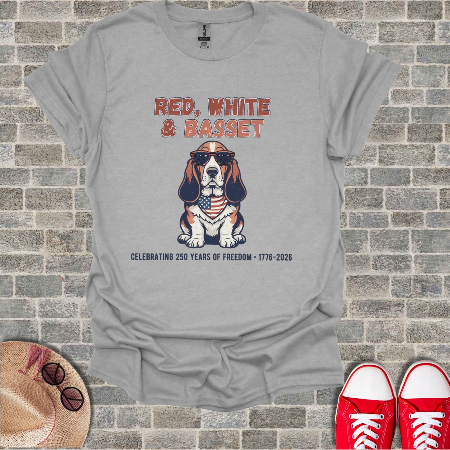 T-shirt with patriotic beagle wearing sunglasses and flag bandana.