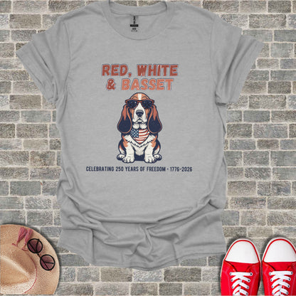 T-shirt with patriotic beagle wearing sunglasses and flag bandana.