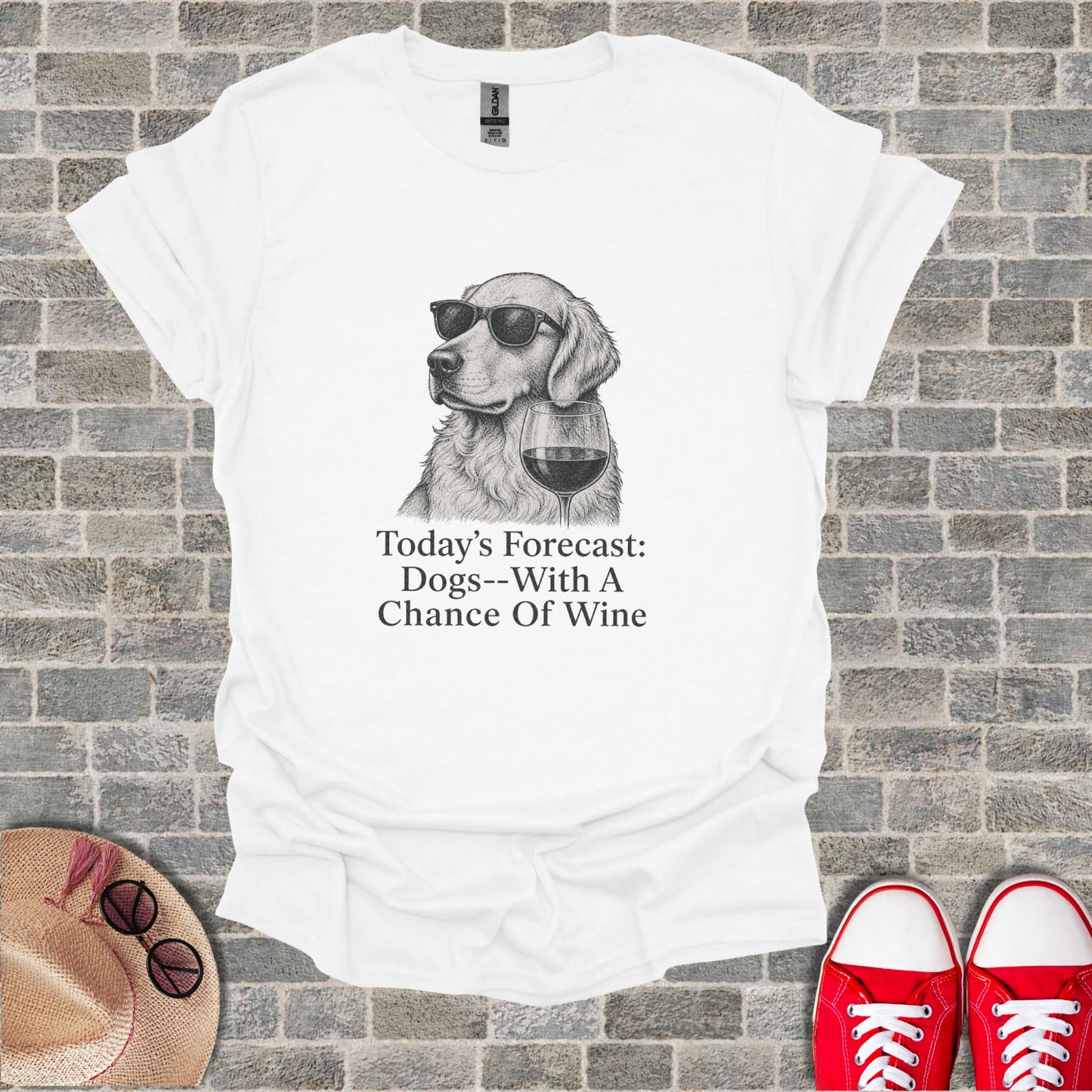 White t-shirt with sketch of dog wearing sunglasses holding wine glass and text.