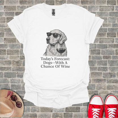White t-shirt with sketch of dog wearing sunglasses holding wine glass and text.