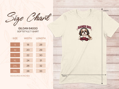 Gildan 64000 softstyle t-shirt size chart with Gamer Dog graphic.