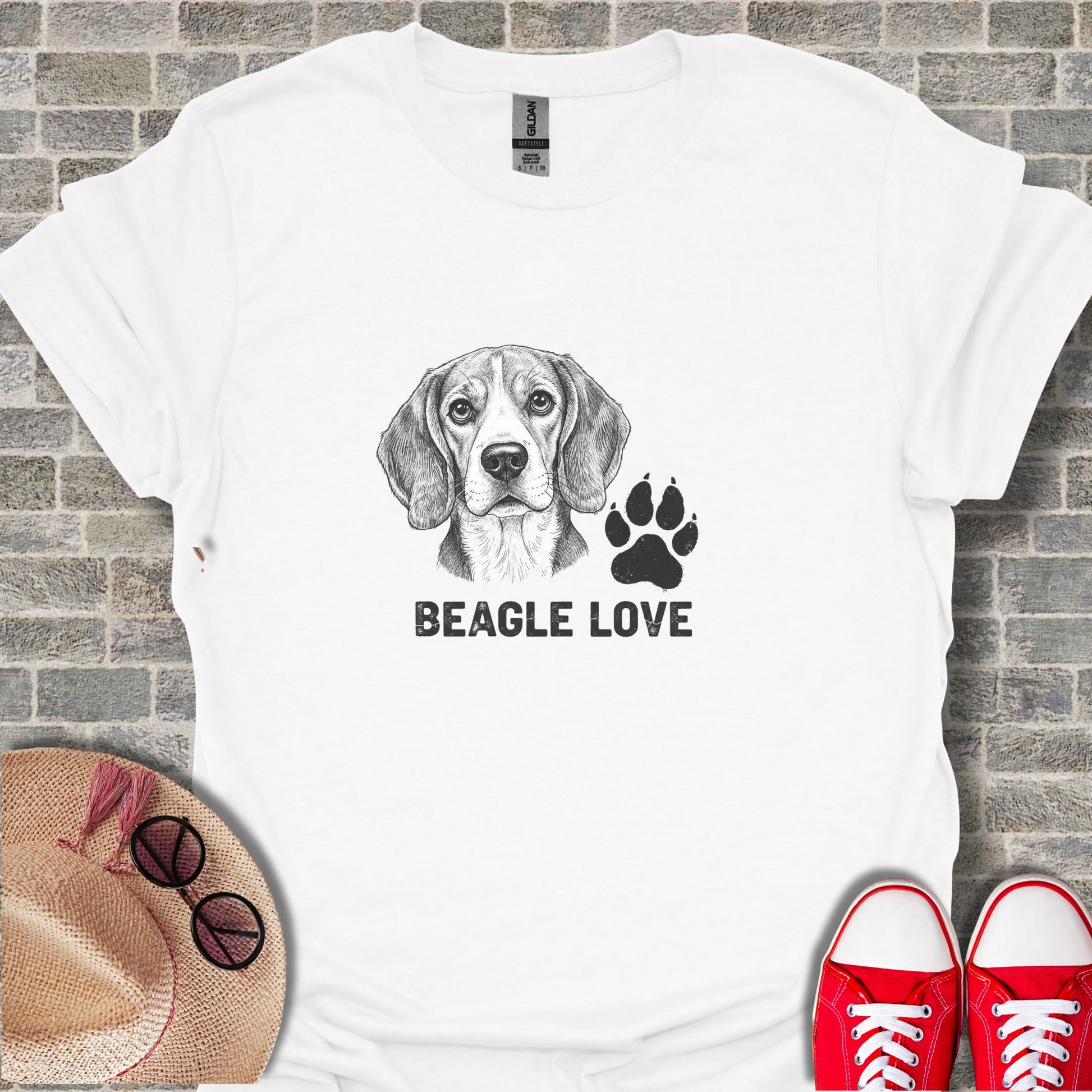 Beagle wearing collar with paw print and "BEAGLE LOVE" text.