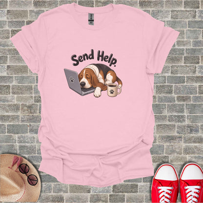 Pink t-shirt with cartoon basset hound sleeping on a laptop, text "Send Help".