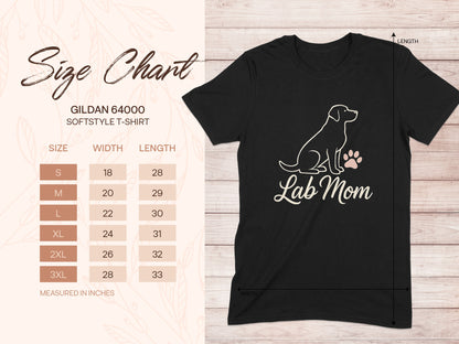 Gildan 64000 size chart with "Lab Mom" graphic t-shirt.