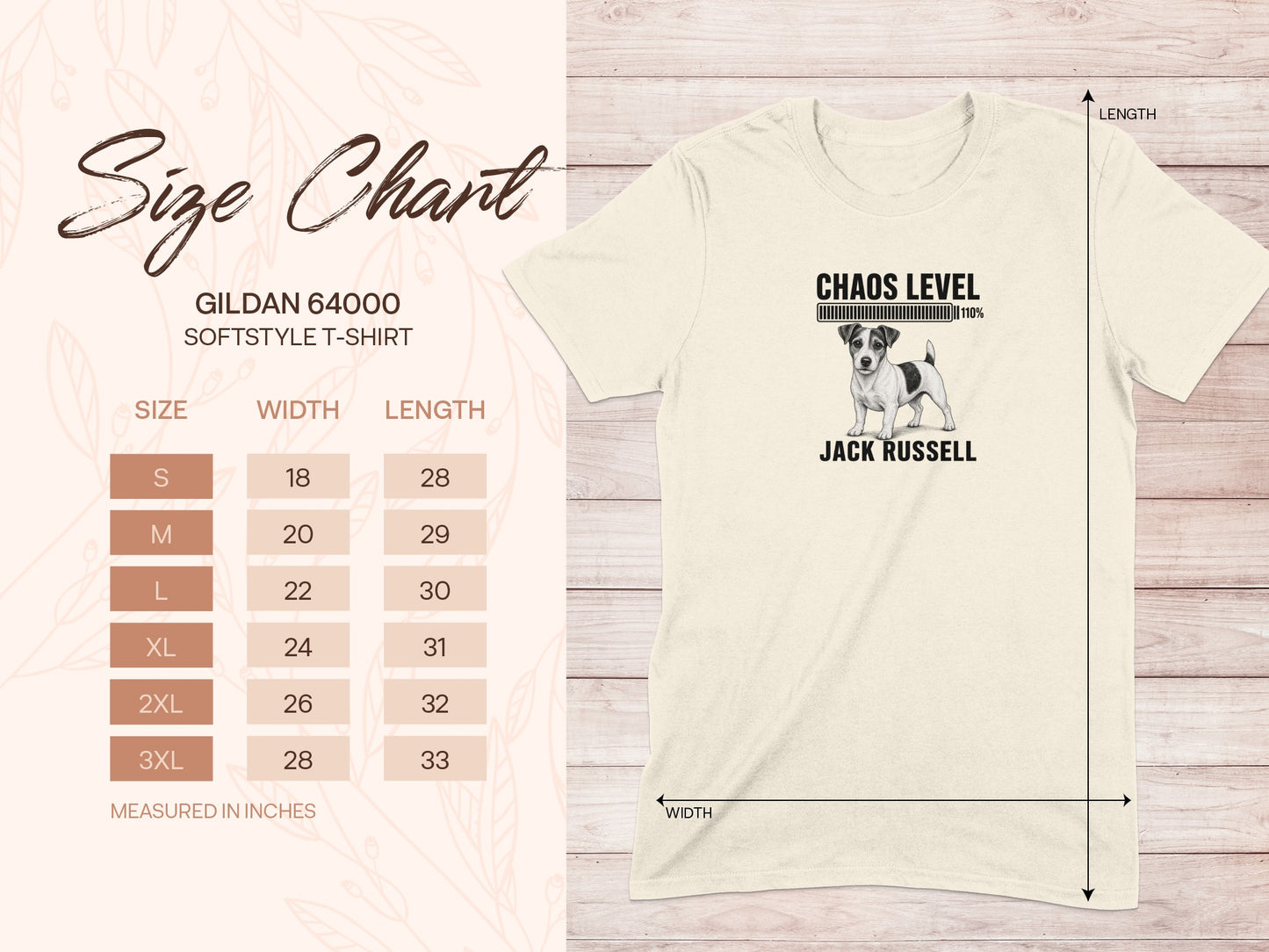 Gildan 64000 softstyle t-shirt size chart with Jack Russell graphic.