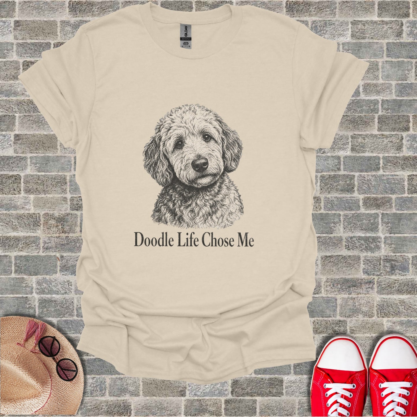 T-shirt with sketch of a goldendoodle and text "Doodle Life Chose Me."