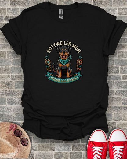 Black t-shirt with Rottweiler Mom Proud Dog Owner graphic.