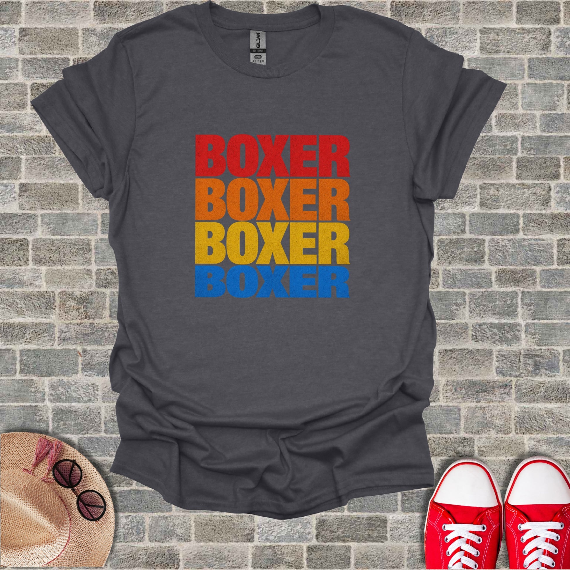 Dark grey t-shirt with stacked "BOXER" text in red, orange, and blue.