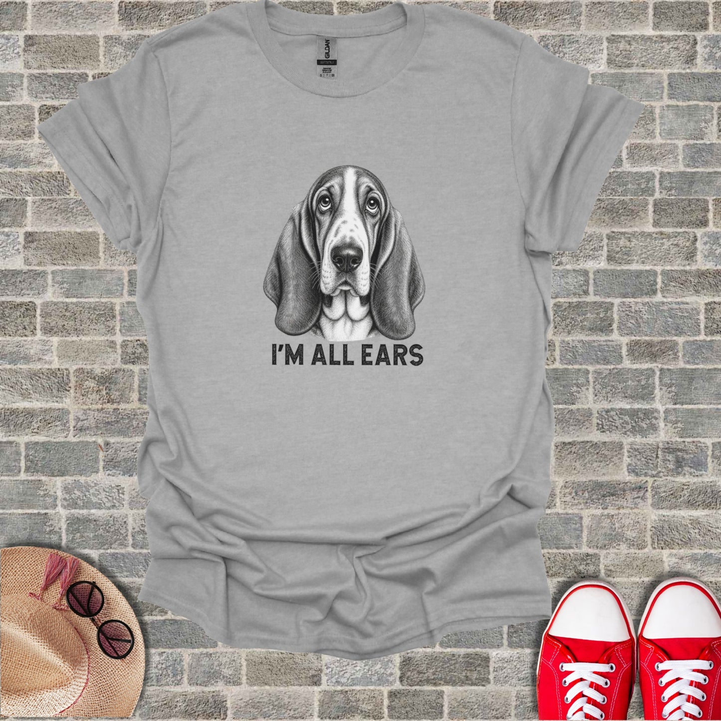 Basset hound head sketch on a gray t-shirt with text "I'M ALL EARS".