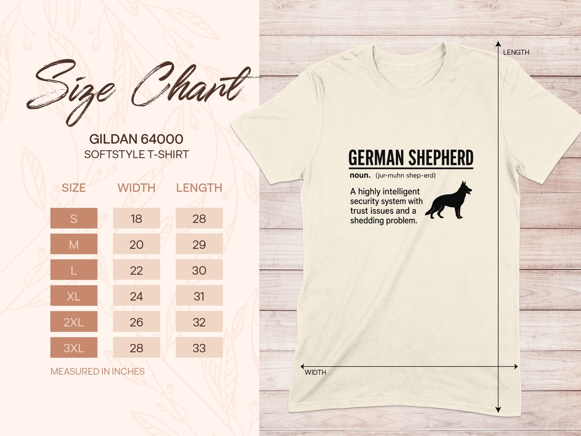 Gildan 64000 Softstyle T-shirt size chart with German Shepherd dog and definition.