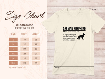 Gildan 64000 Softstyle T-shirt size chart with German Shepherd dog and definition.
