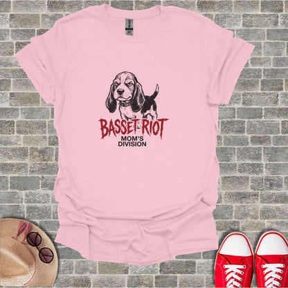 Pink t-shirt with "BASSET RIOT MOM'S DIVISION" text and a basset hound illustration.