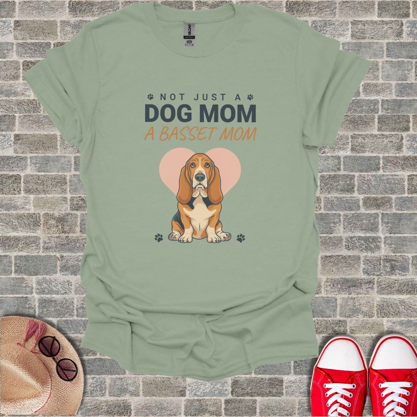 Green t-shirt with "Not Just a Dog Mom, a Basset Mom" and a Basset Hound.