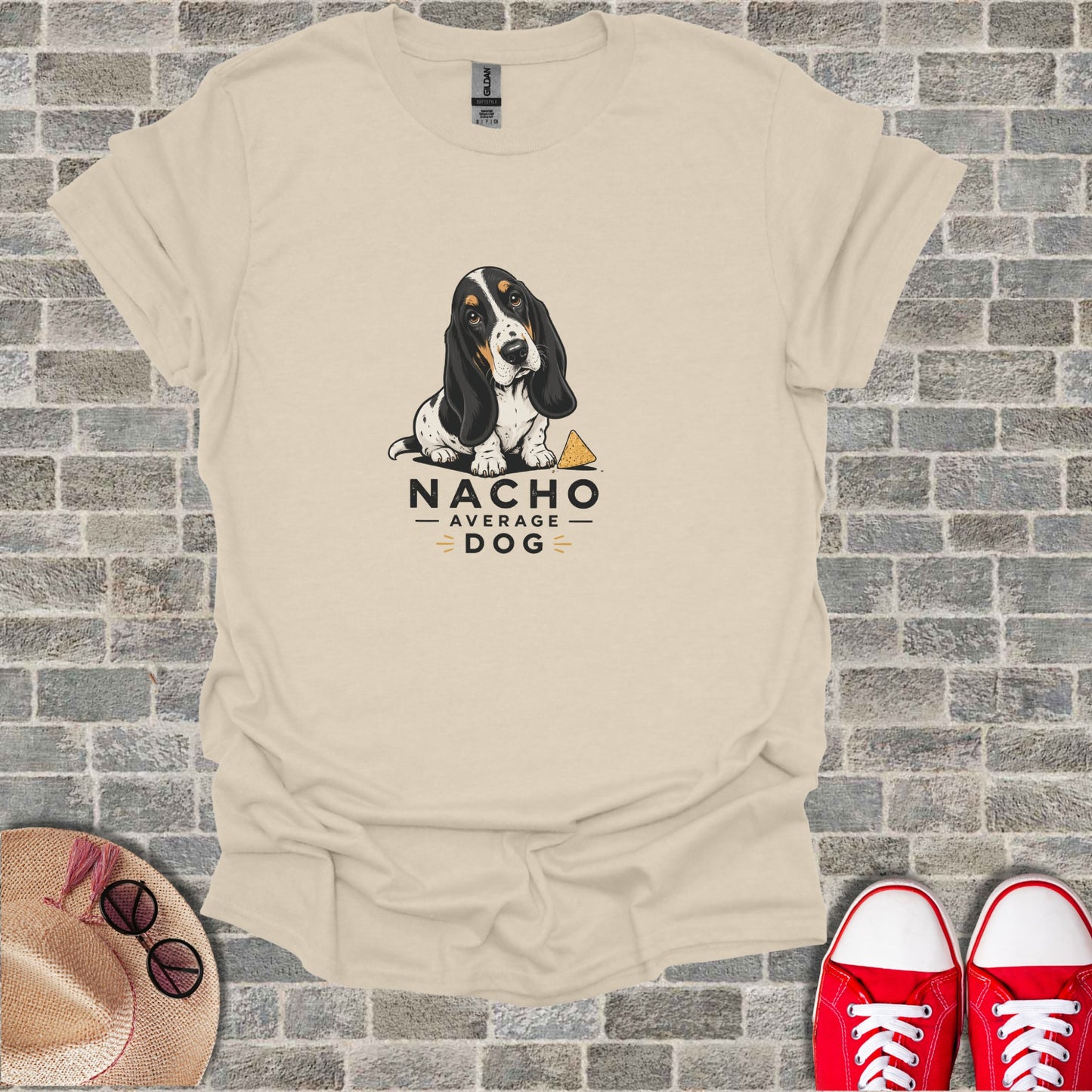T-shirt with a Basset Hound wearing glasses, saying "Nacho Average Dog".