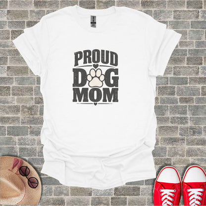 White t-shirt with "Proud Dog Mom" text and paw print design.