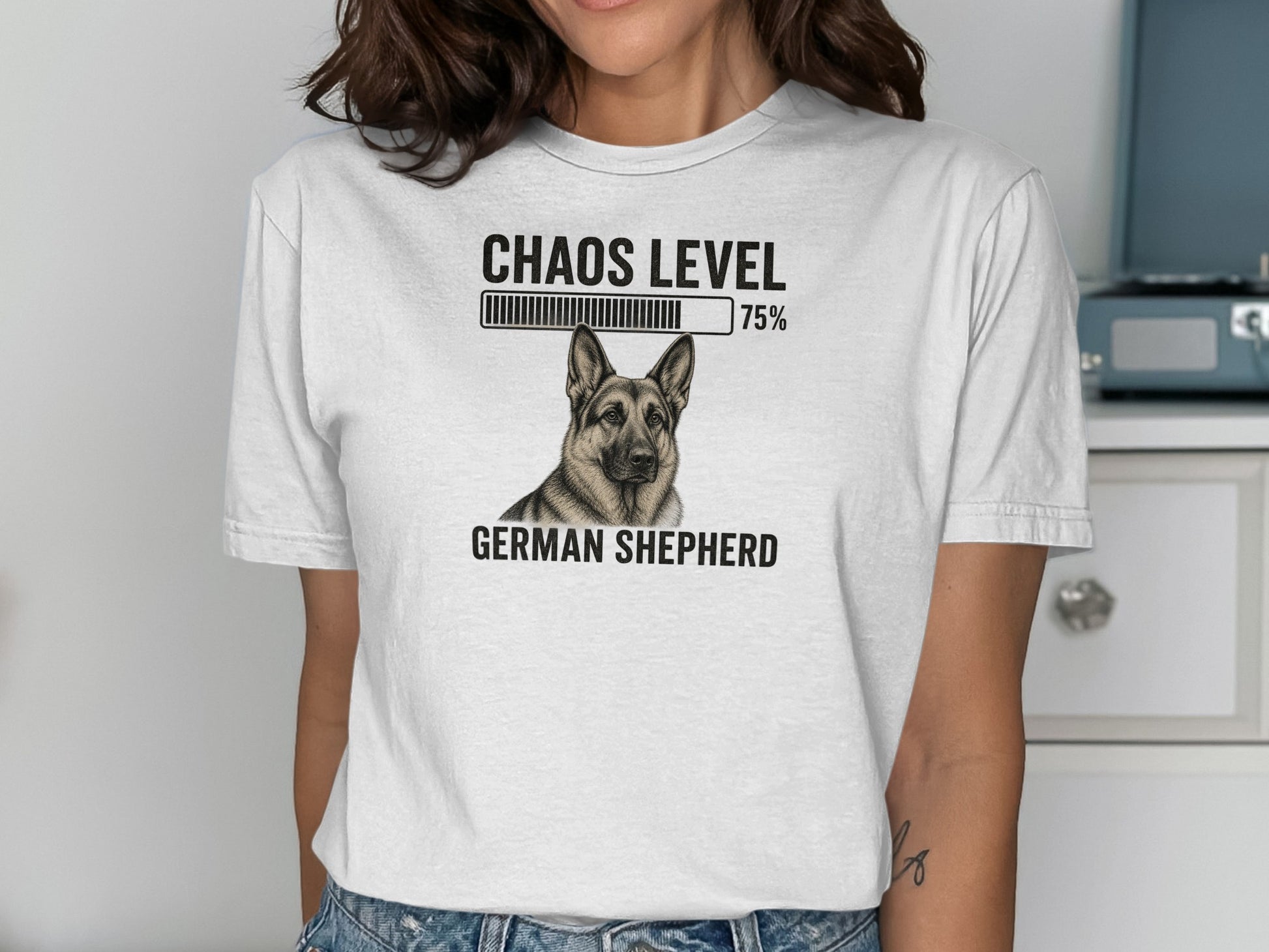 German Shepherd t-shirt with "Chaos Level 75%" loading bar.