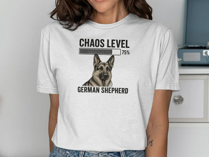 German Shepherd t-shirt with "Chaos Level 75%" loading bar.