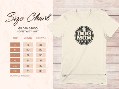 Gildan 64000 softstyle t-shirt size chart with width and length measurements.