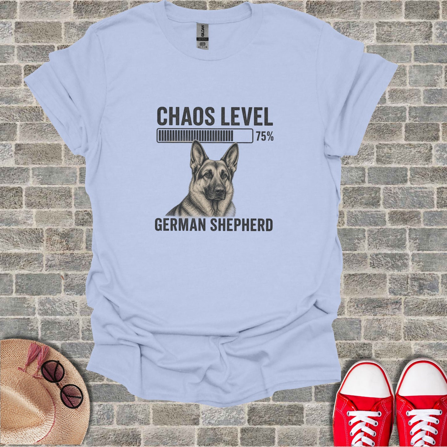 Light blue t-shirt with "GERMAN SHEPHERD" and a "CHAOS LEVEL 75%" progress bar.