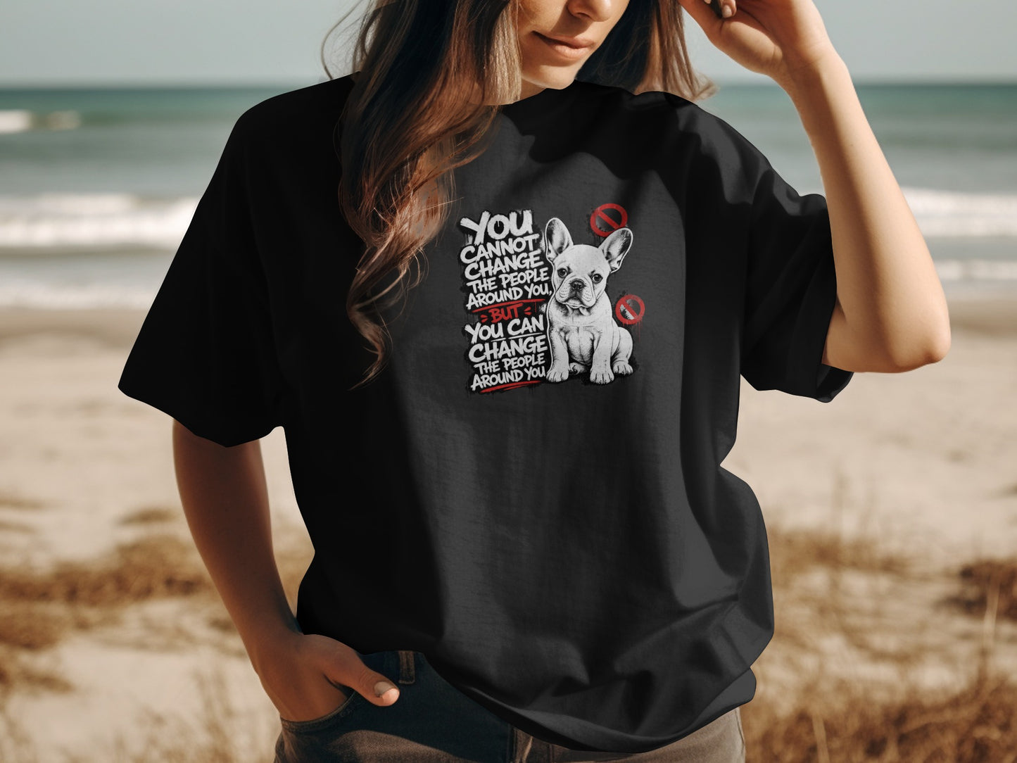 Black t-shirt with French bulldog graphic and inspirational text.