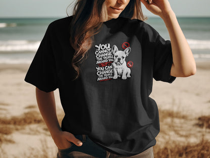 Black t-shirt with French bulldog graphic and inspirational text.
