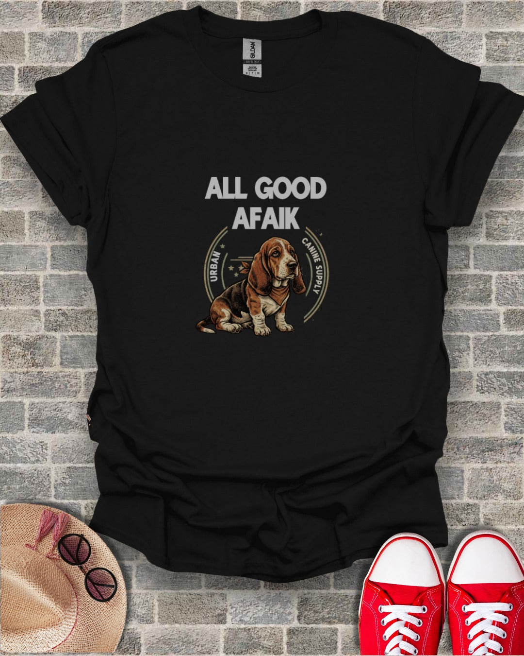 Black t-shirt with a Basset Hound graphic and text "ALL GOOD AFAIK".
