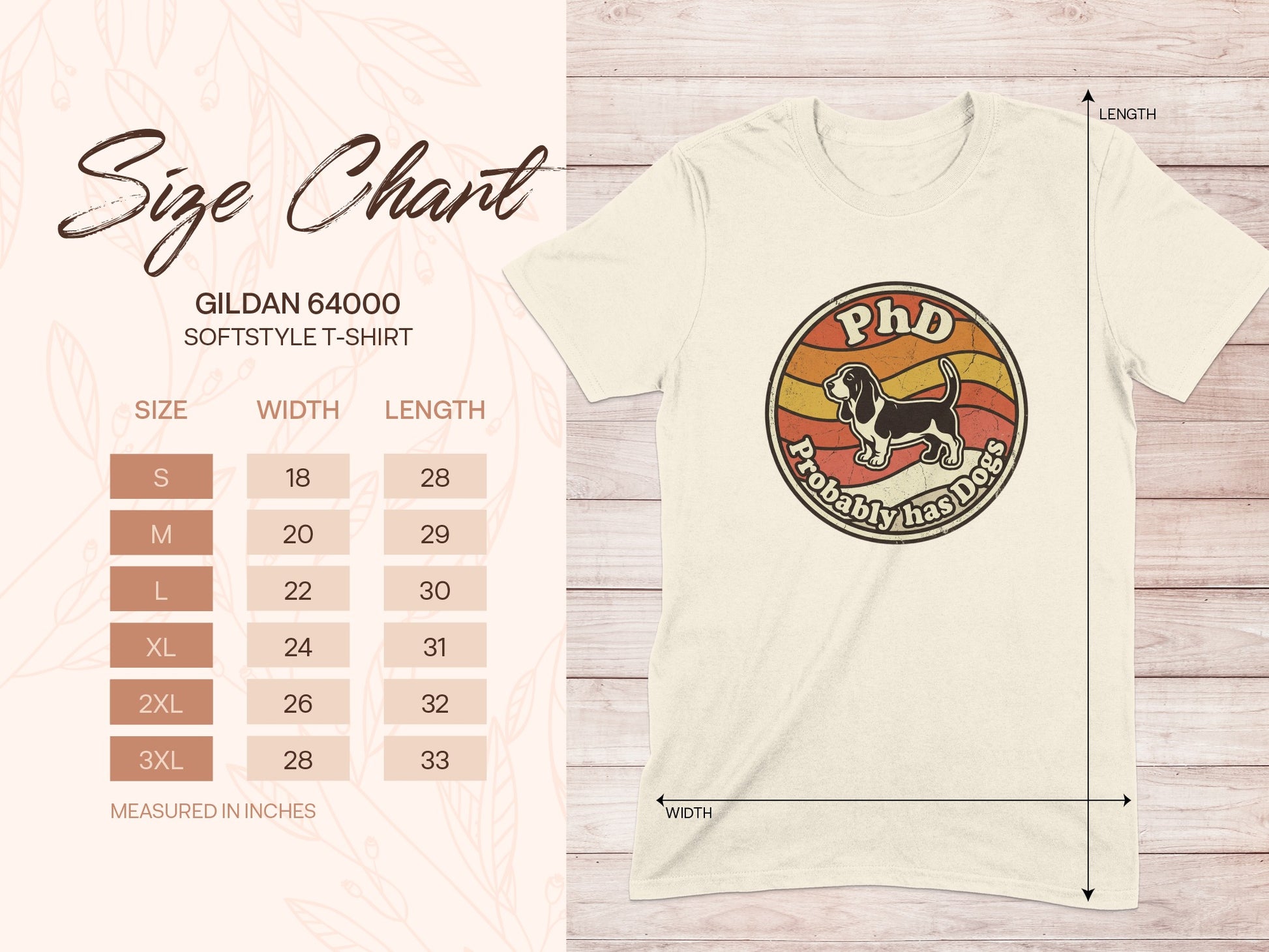 Gildan 64000 t-shirt size chart with "PhD Probably has Dogs" graphic.